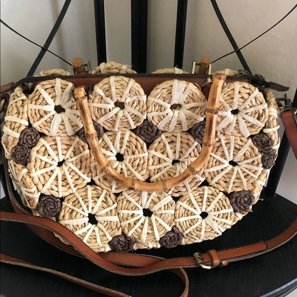 Patricia Nash rare Y2k palmarola satchel Woven Straw bamboo - Cream & Brown